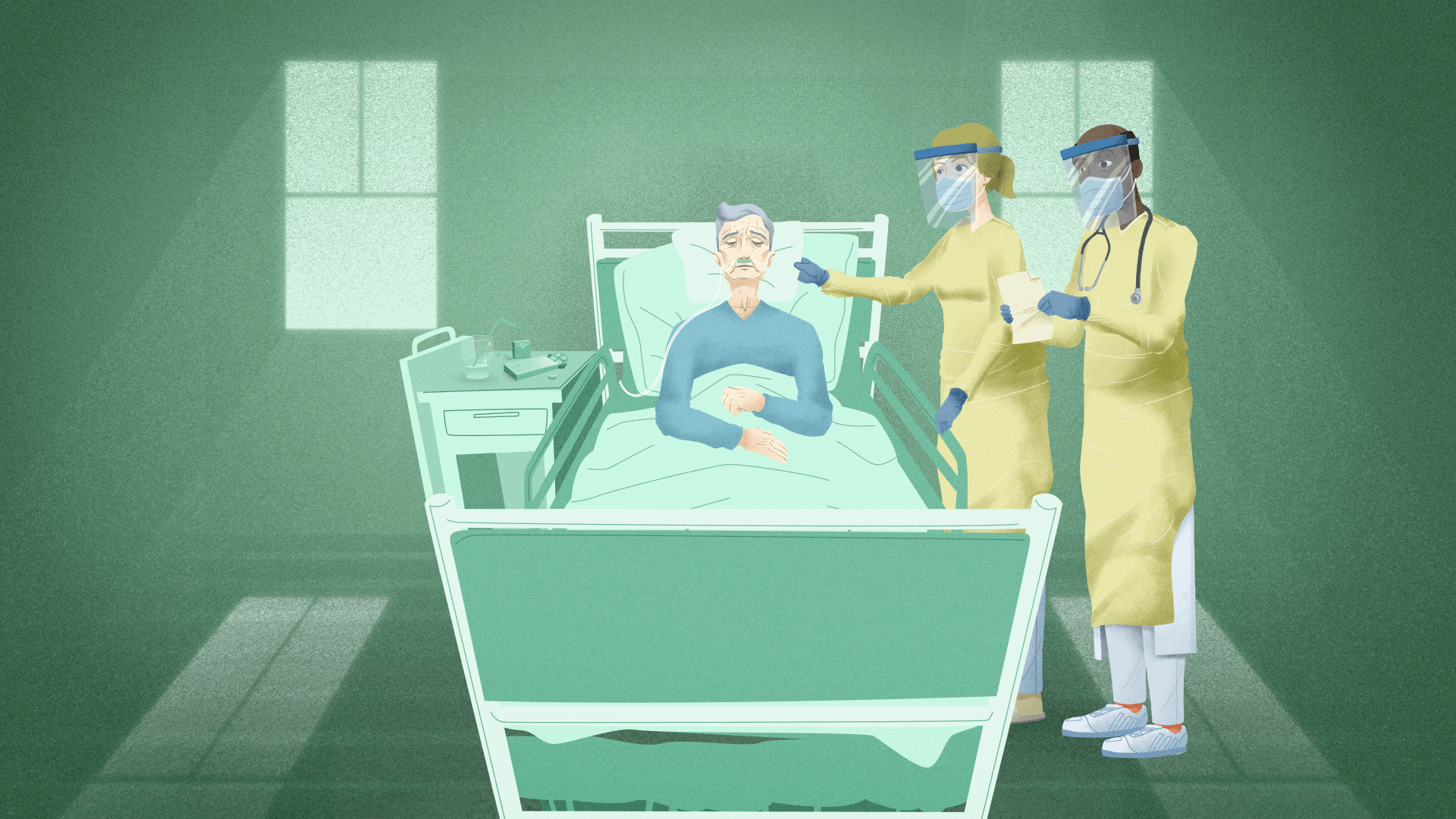 To sykepleiere i verneutstyr og en pasient med oksygenslange til nesa. Illustrasjon.