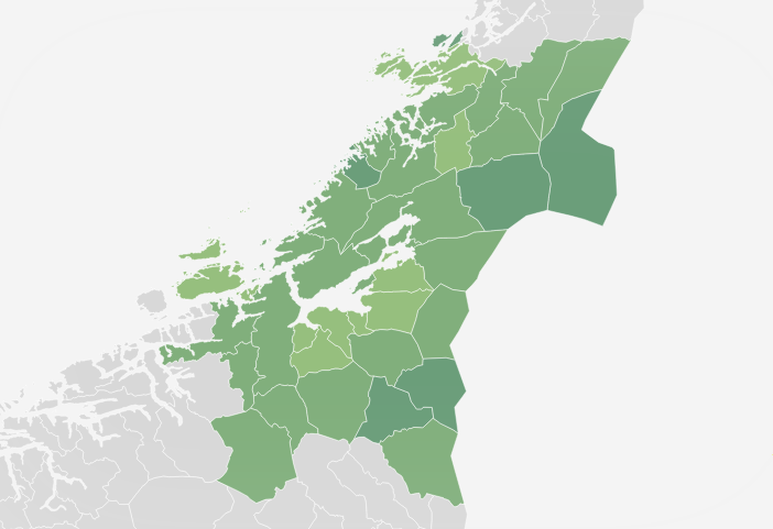 Skjermbilde av demenskartet, zoomet inn på Trøndelag