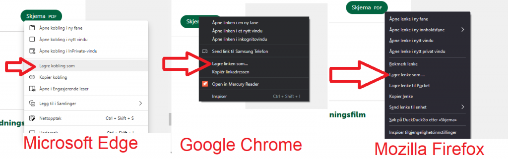 Skjermdump fra forskjellige nettlesere. Illustrerer forskjellige høyreklikkmenyer og indikerer valget for "lagre lenke som" i de forskjellige nettleserne.