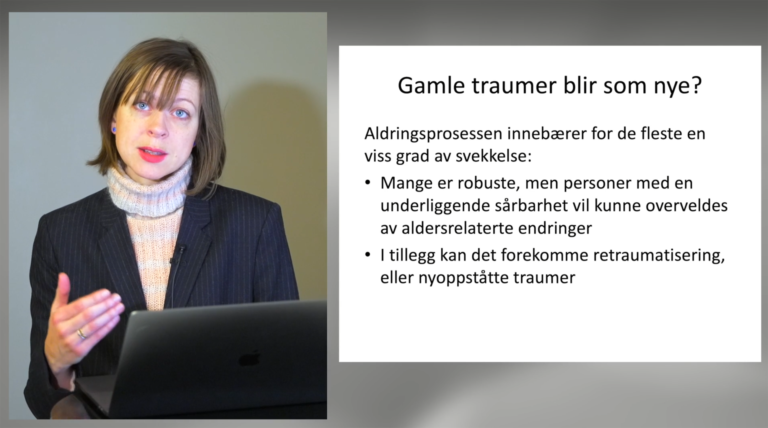 Ane Bjøru Fjeldsæter holder foredrag om traumer hos eldre. Foto.