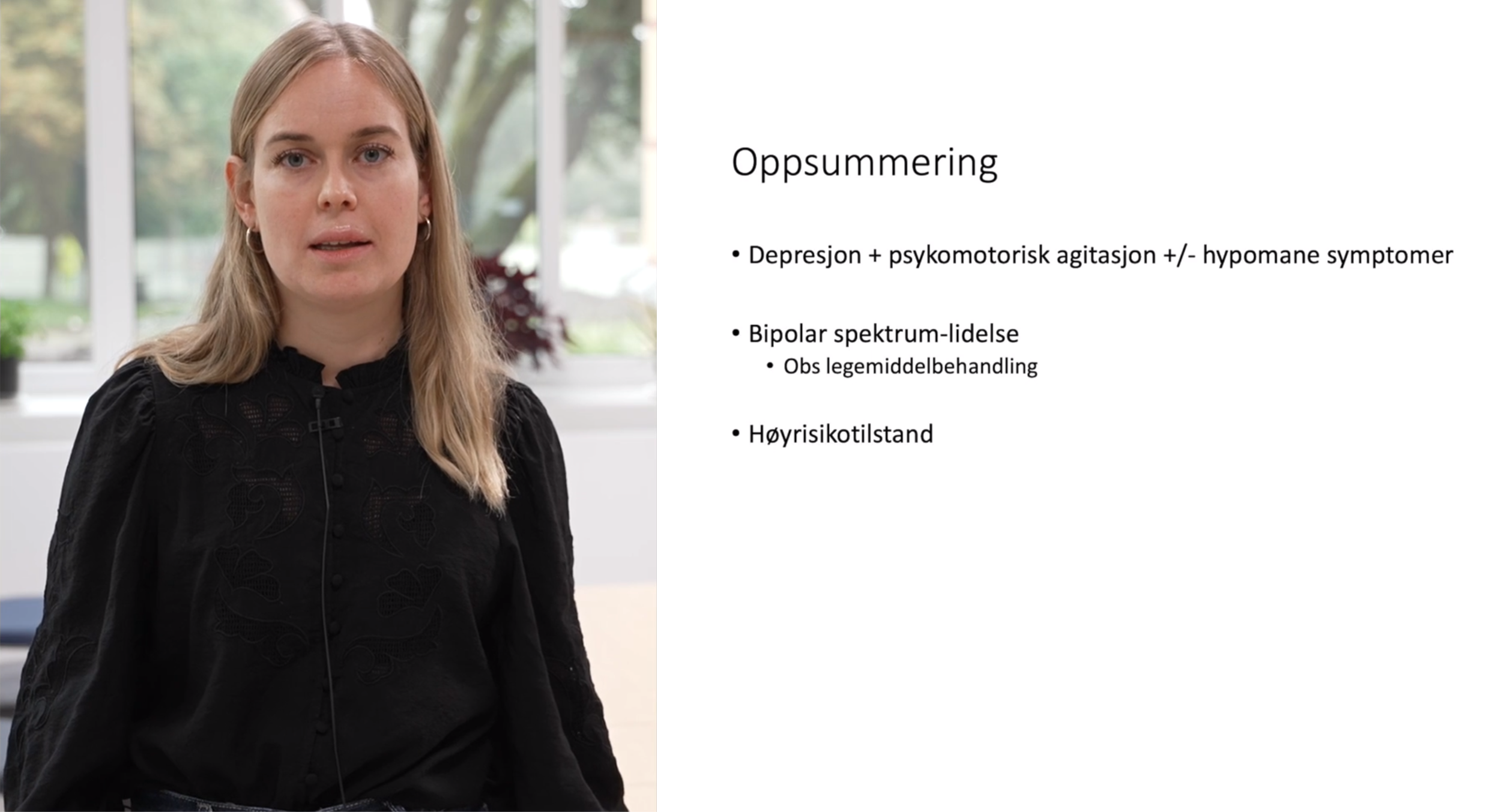 Ung kvinne og slide fra foredrag. Skjermdump.