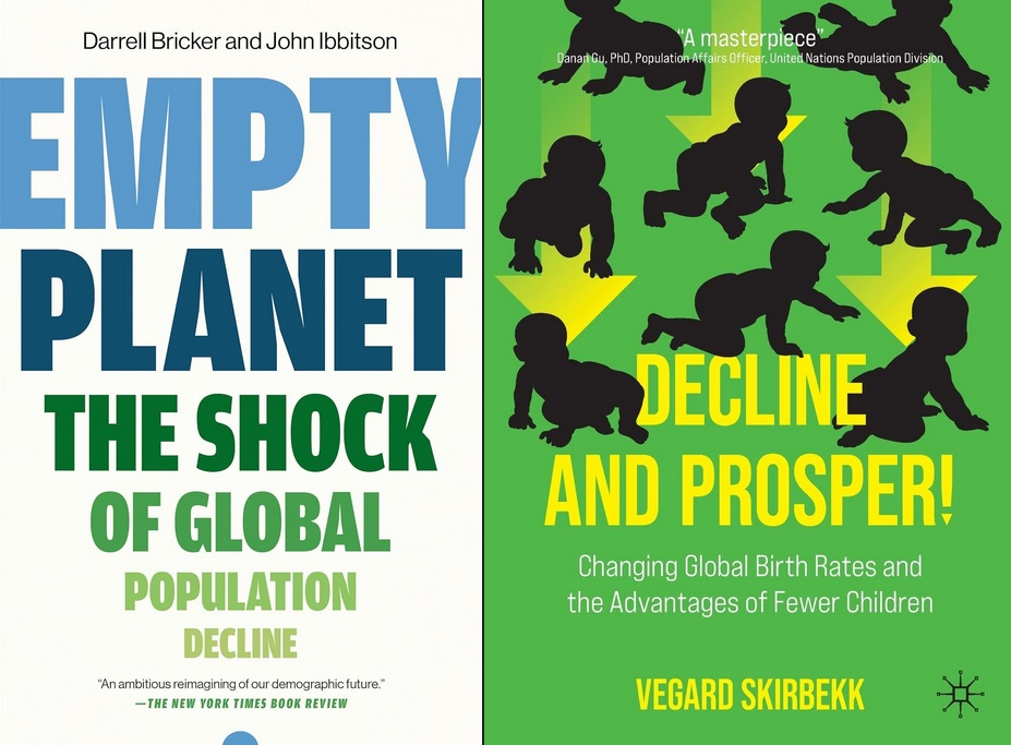 Omslagene til bøkene Empty Planet, av Darrell Bricker og John Ibbitson, og Decline and Prosper, av Vegard Skirbekk
