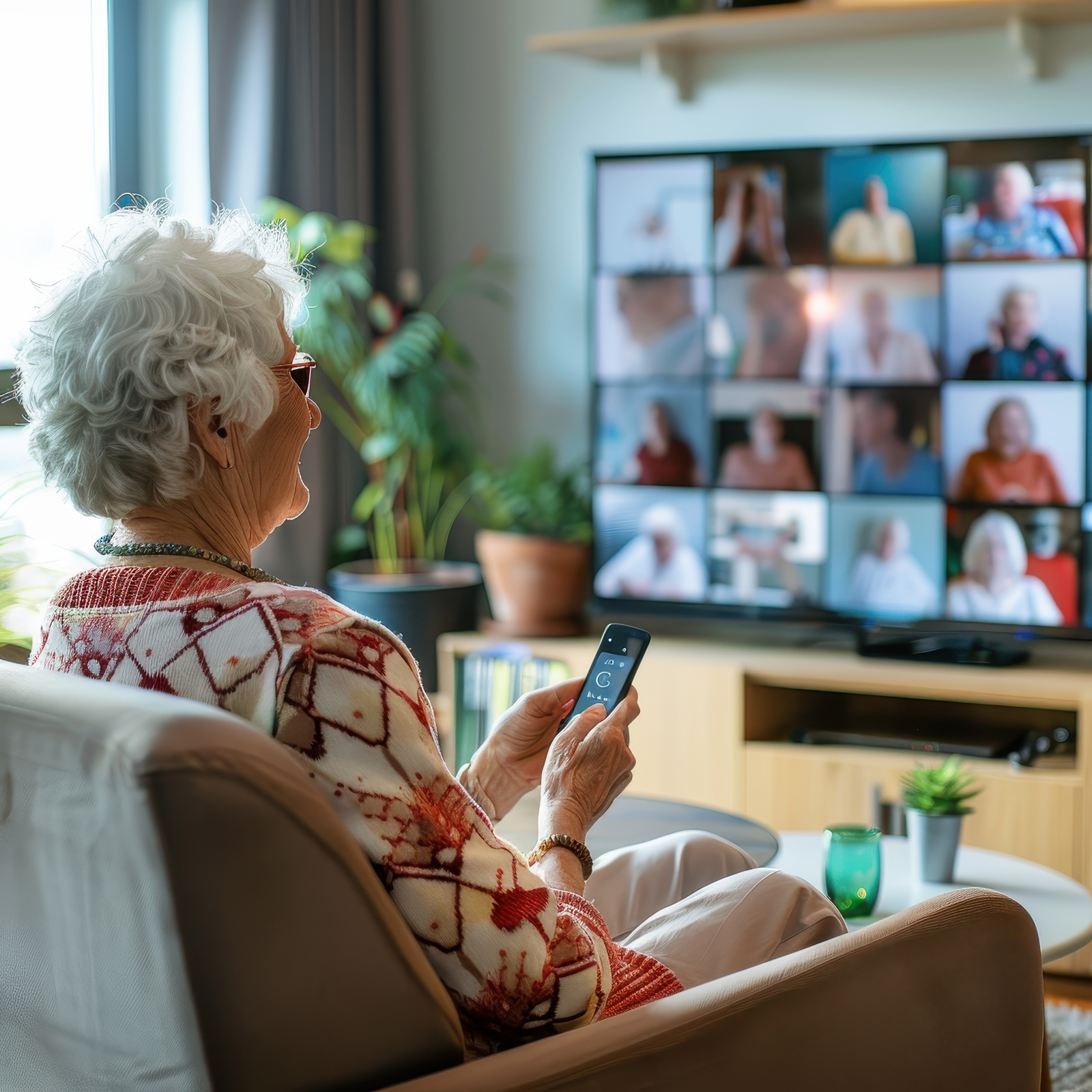 Eldre kvinne bruker smart-TV med andre på skjermen. Foto