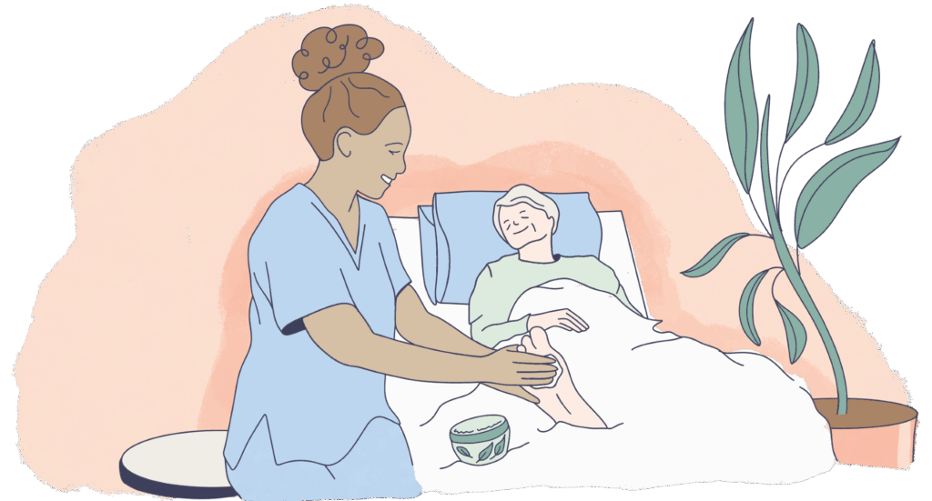 En pleier vasker føttene til en sengeliggende person. Omsorg er en viktig del av palliasjon.