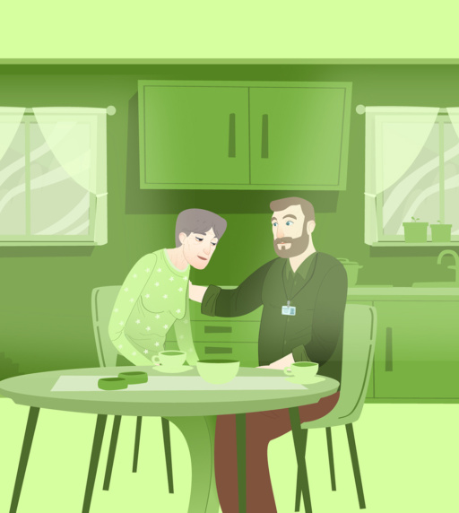 illustrasjon. hjelpepleier trøster person