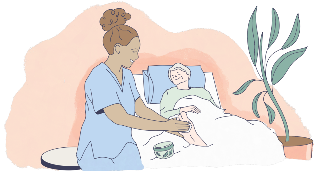 Kvinnelig helsepersonell smører bena til sengeliggende pasient. Grafisk element