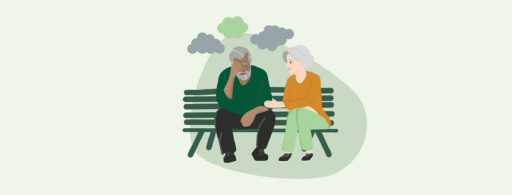 illustrasjon av mann som sitter på benk sammen med en dame som trøster