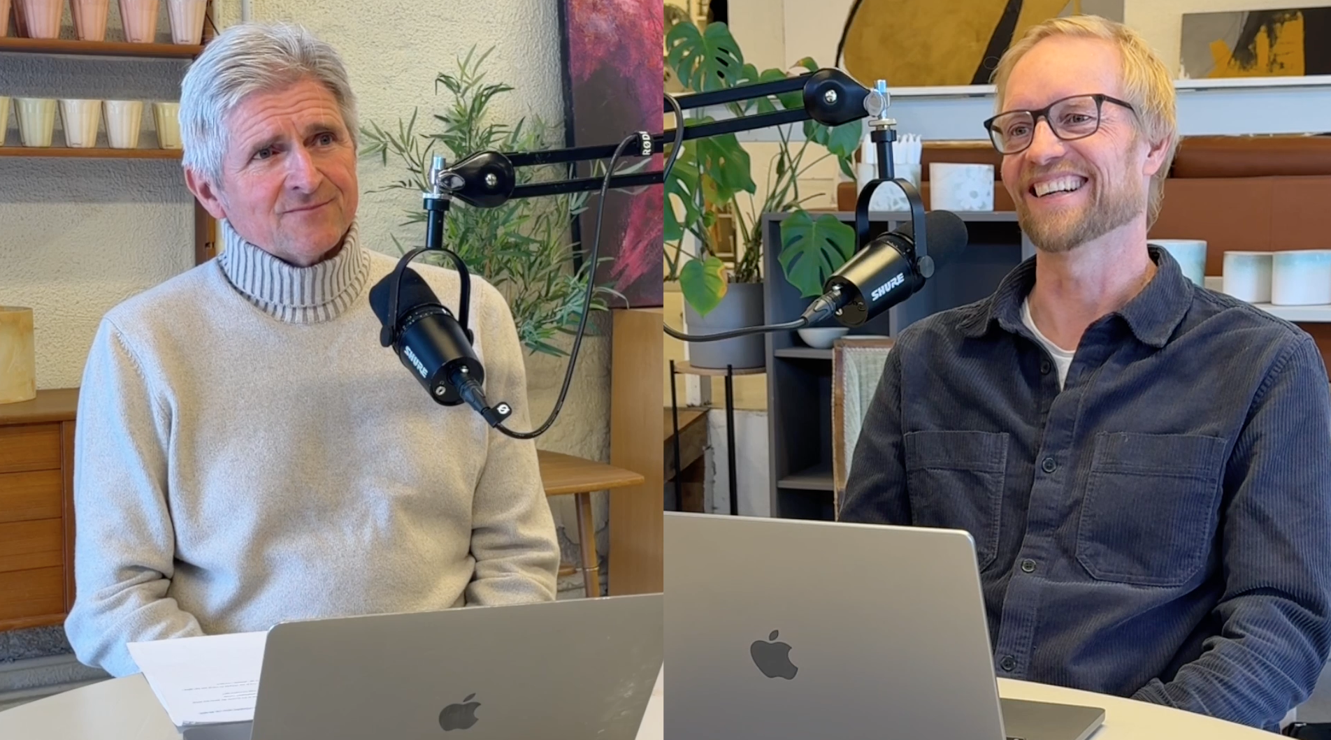 To menn i podkaststudio. Skjermbilde